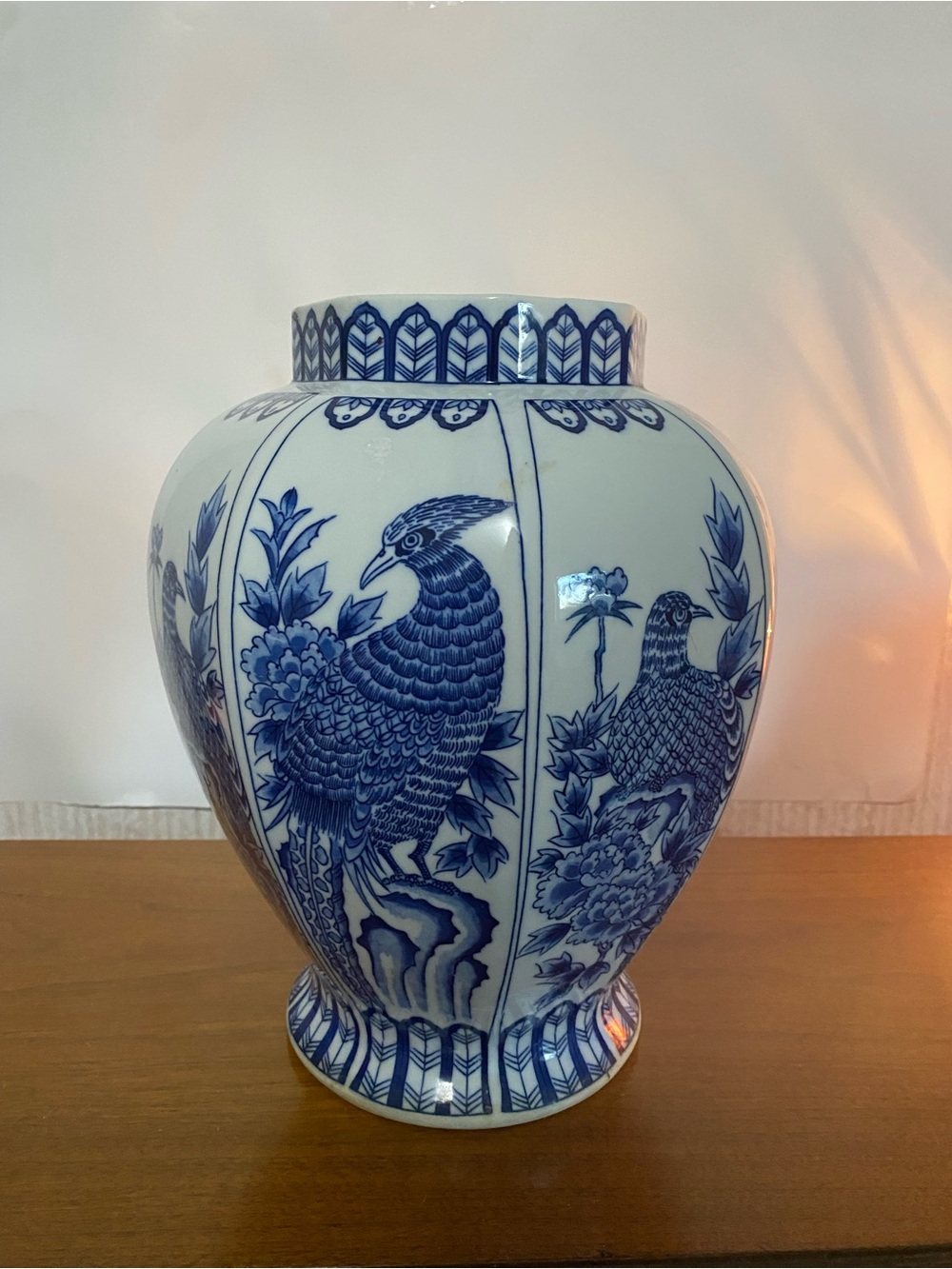 Vintage Andrea by Sadek Large Blue & White Porcelain Octagonal Ginger Jar Vase